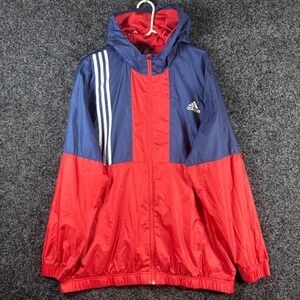Adidas Mens XL Windbreaker Jacket Red Navy Blue Colorblock‎ Hooded Ripstop Logo